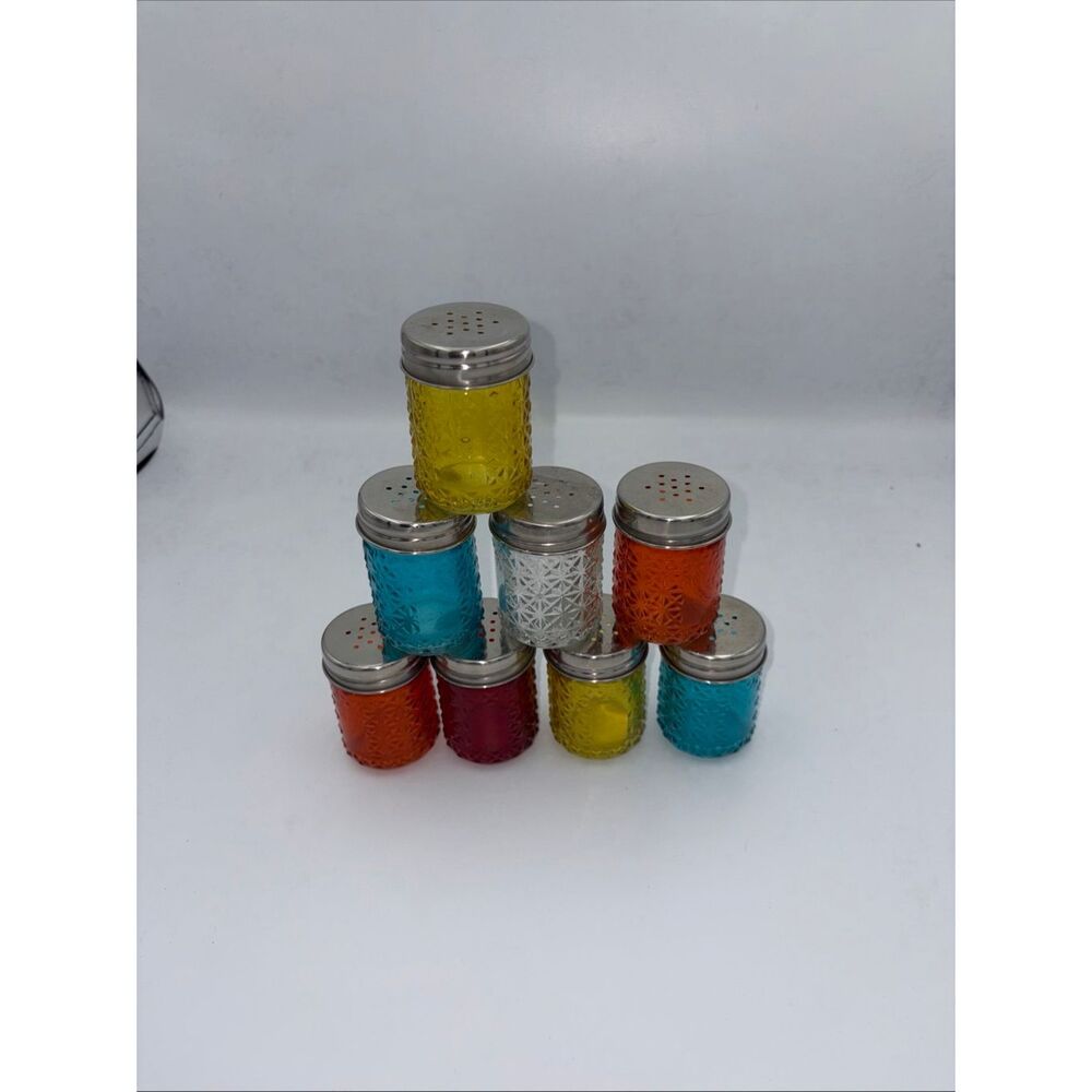 Vintage MCM Colored Glass Spice Bottles Aluminum Tops Colorful